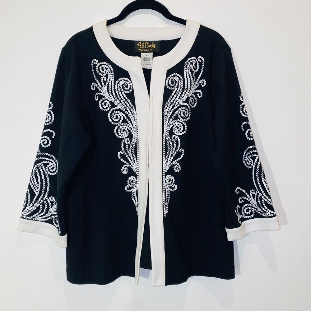 Bob Mackie Wearable Art Women’s Medium Jacket Black with White Sequin 3/4 Sleeve